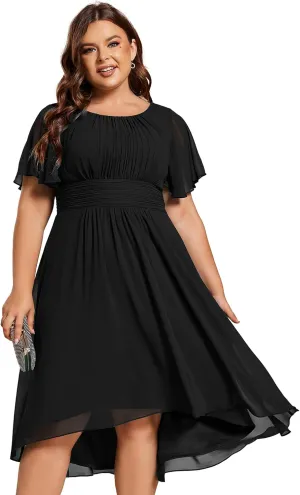 Ever-Pretty Women's A Line Crew Neck Short Sleeves Pleated Elastic Back Chiffon Midi Plus Size High Low Wedding Guest Dresses