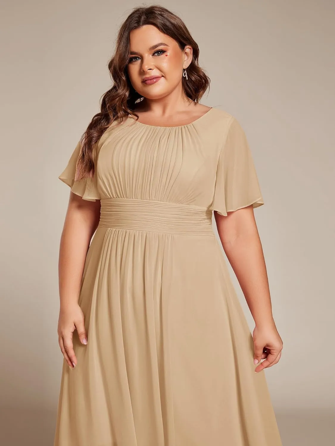 Ever-Pretty Women's A Line Crew Neck Short Sleeves Pleated Elastic Back Chiffon Midi Plus Size High Low Wedding Guest Dresses