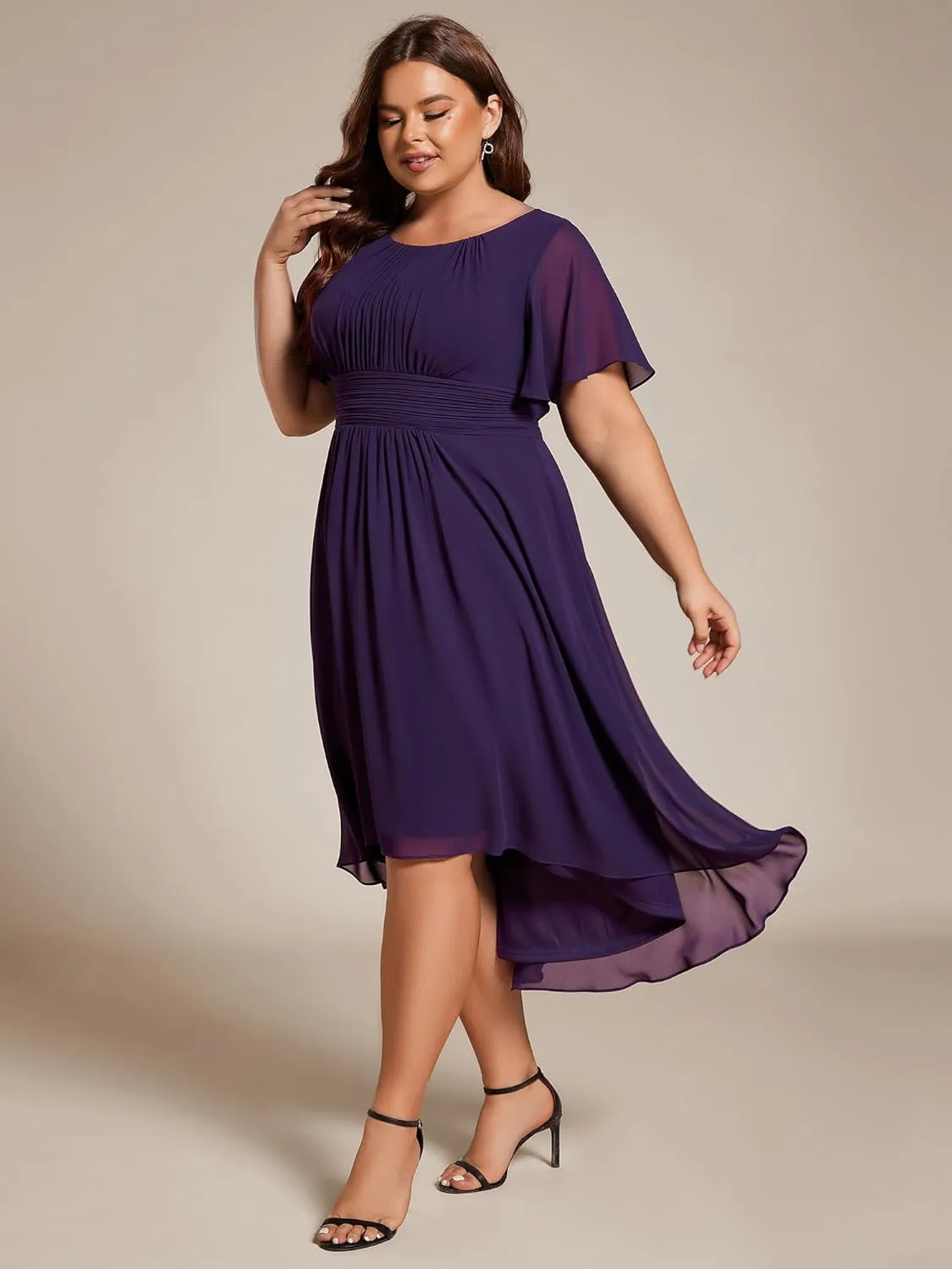Ever-Pretty Women's A Line Crew Neck Short Sleeves Pleated Elastic Back Chiffon Midi Plus Size High Low Wedding Guest Dresses