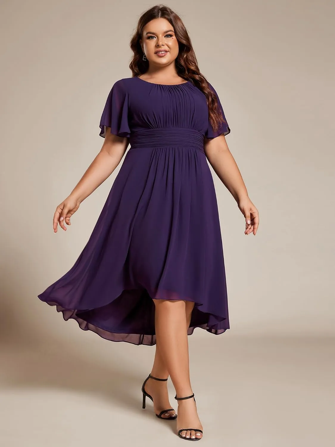 Ever-Pretty Women's A Line Crew Neck Short Sleeves Pleated Elastic Back Chiffon Midi Plus Size High Low Wedding Guest Dresses