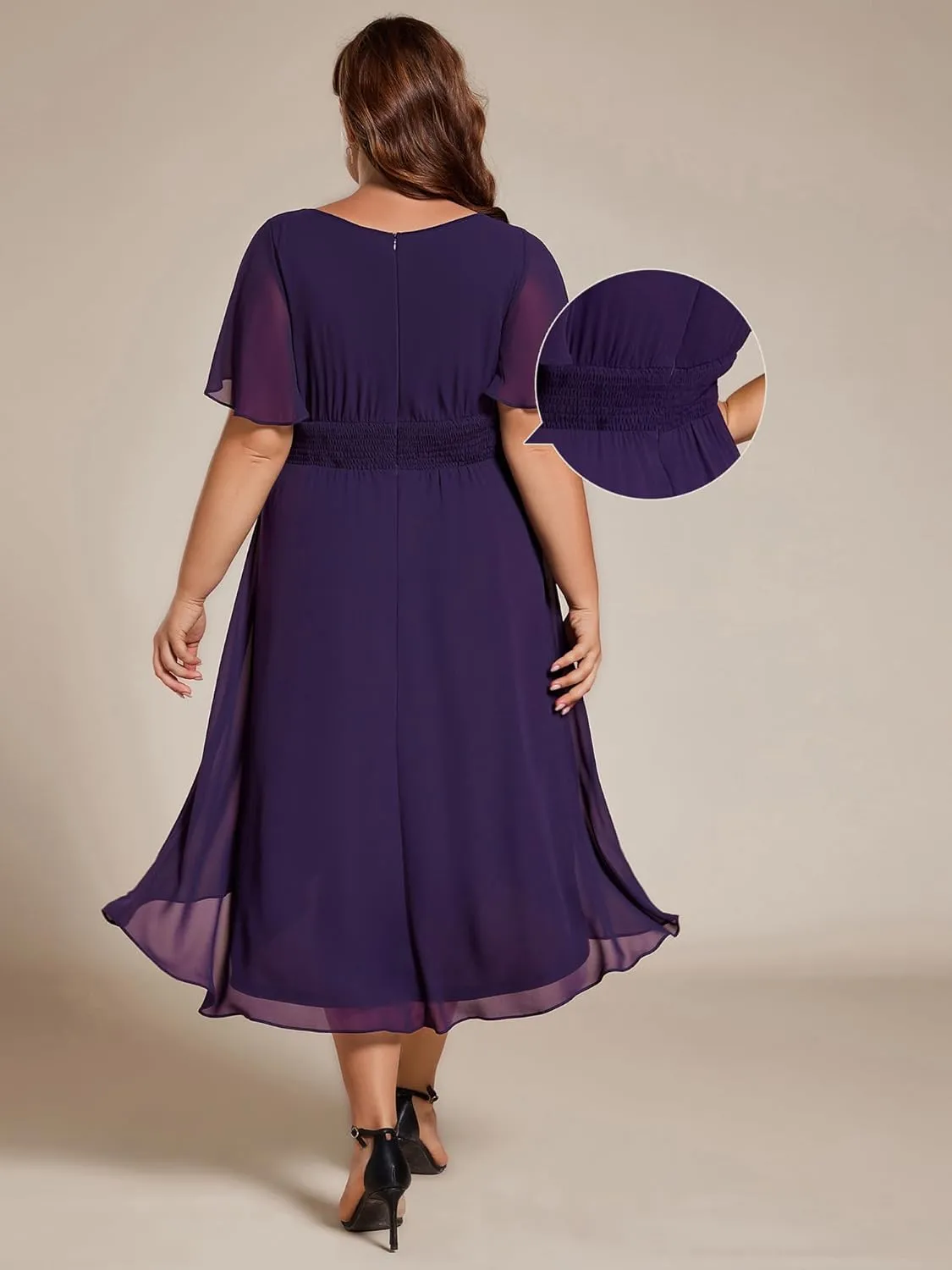 Ever-Pretty Women's A Line Crew Neck Short Sleeves Pleated Elastic Back Chiffon Midi Plus Size High Low Wedding Guest Dresses