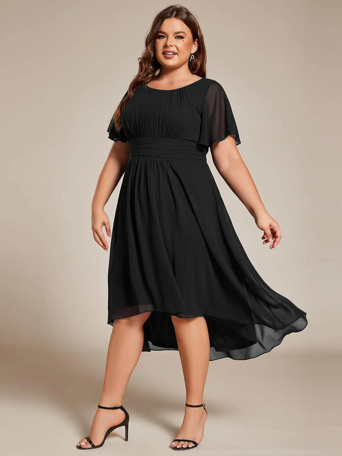 Ever-Pretty Women's A Line Crew Neck Short Sleeves Pleated Elastic Back Chiffon Midi Plus Size High Low Wedding Guest Dresses