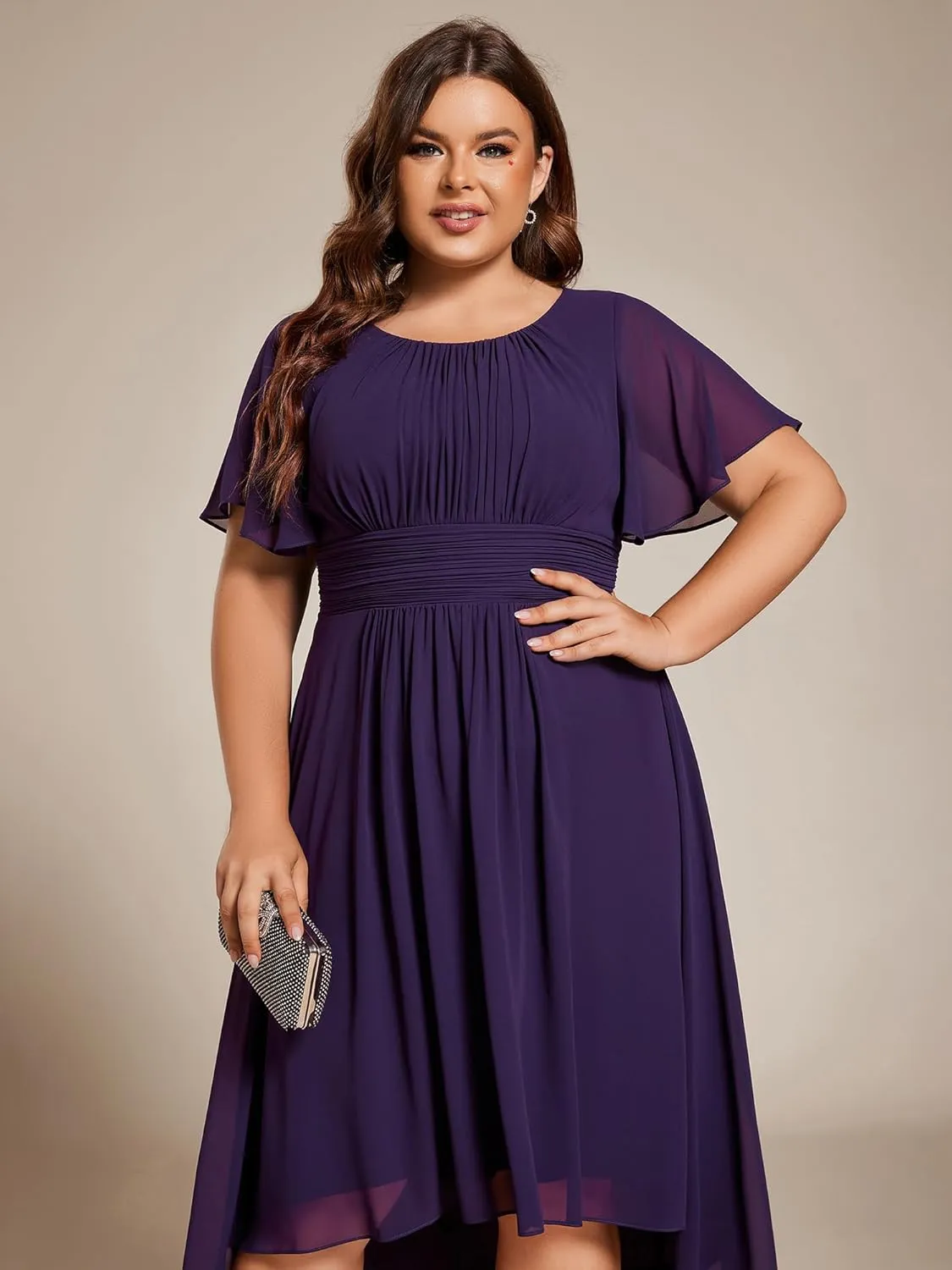 Ever-Pretty Women's A Line Crew Neck Short Sleeves Pleated Elastic Back Chiffon Midi Plus Size High Low Wedding Guest Dresses