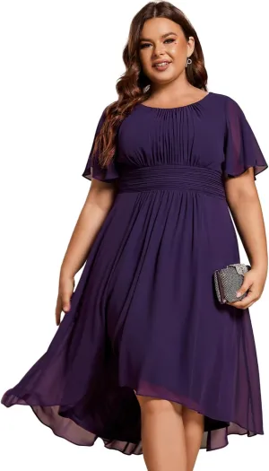 Ever-Pretty Women's A Line Crew Neck Short Sleeves Pleated Elastic Back Chiffon Midi Plus Size High Low Wedding Guest Dresses