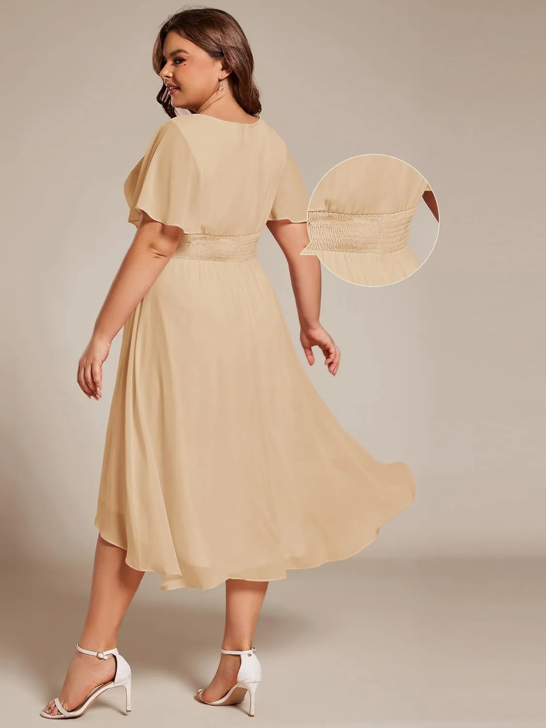 Ever-Pretty Women's A Line Crew Neck Short Sleeves Pleated Elastic Back Chiffon Midi Plus Size High Low Wedding Guest Dresses