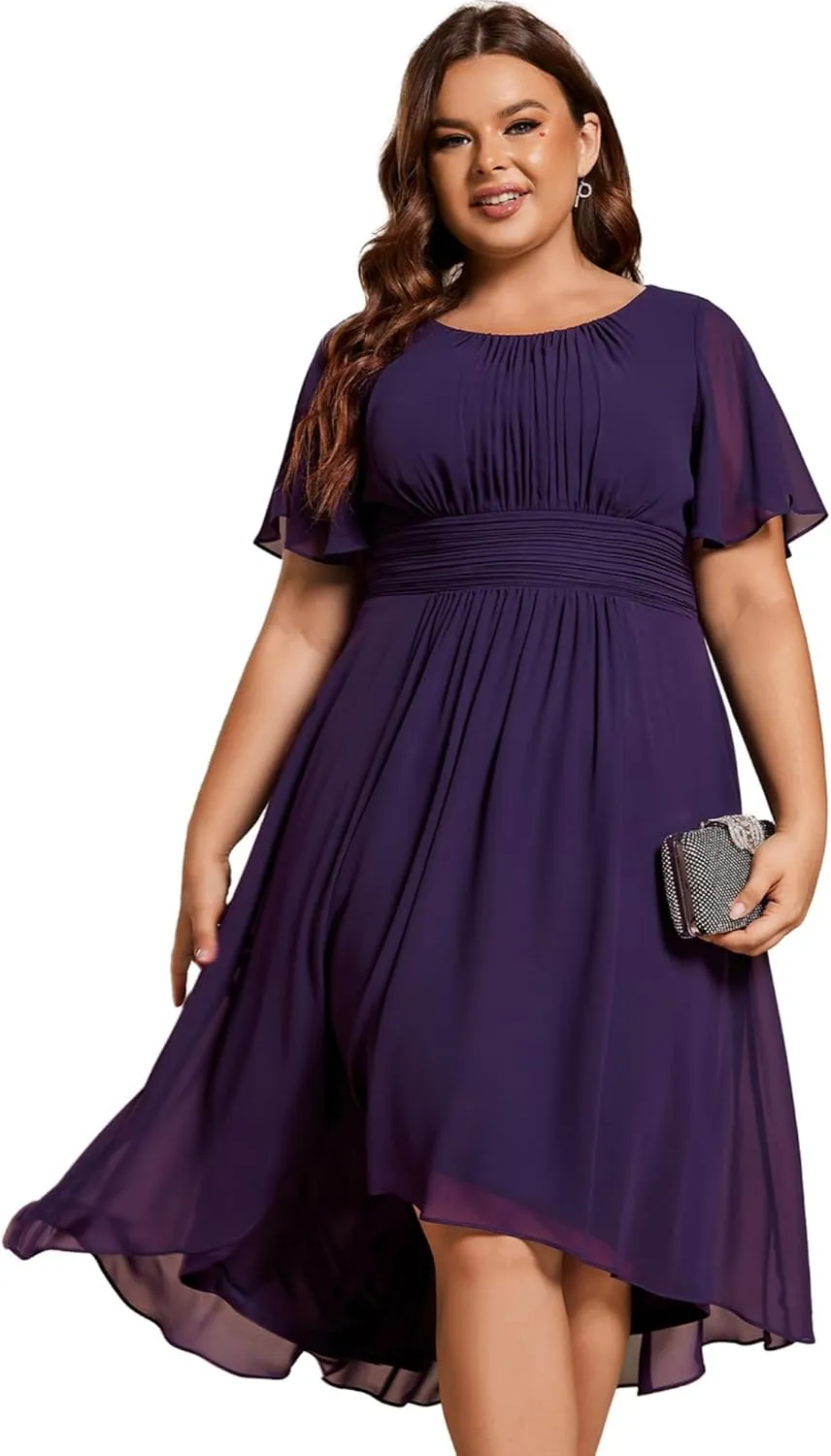 Ever-Pretty Women's A Line Crew Neck Short Sleeves Pleated Elastic Back Chiffon Midi Plus Size High Low Wedding Guest Dresses