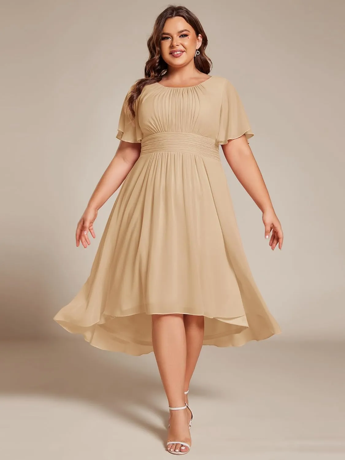 Ever-Pretty Women's A Line Crew Neck Short Sleeves Pleated Elastic Back Chiffon Midi Plus Size High Low Wedding Guest Dresses