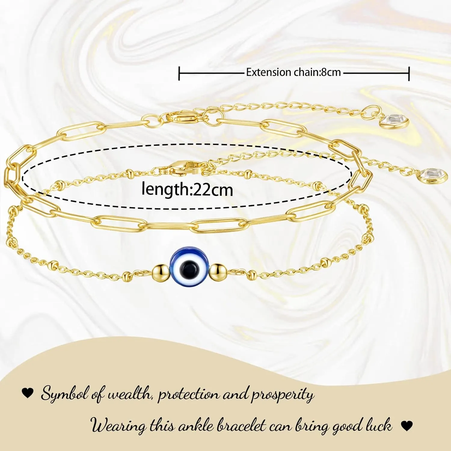 Evil Eye Bracelet for Women Blue Eye Anklet Link Chain Bracelets 14K Gold Adjustable Charm Jewelry Gift for Women