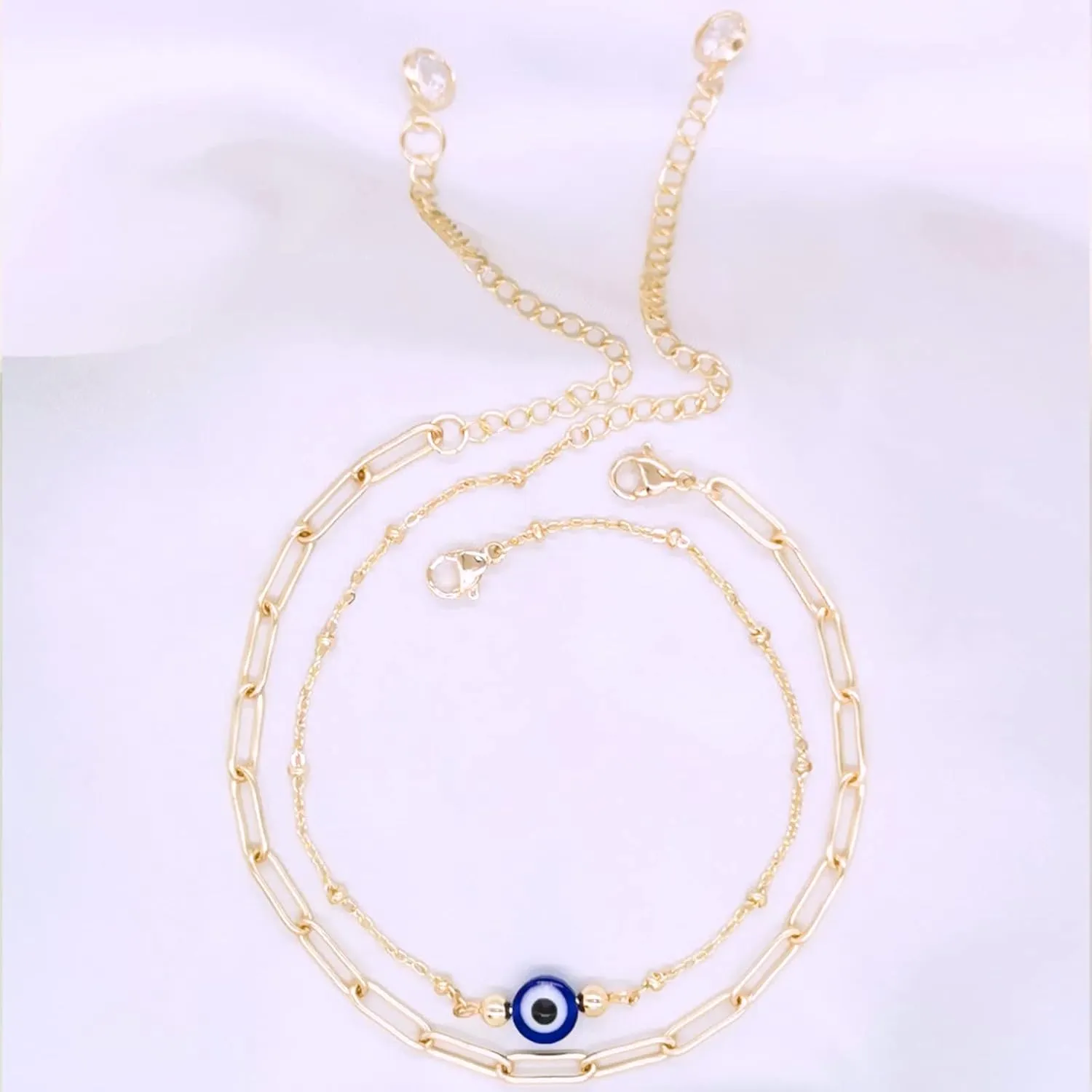 Evil Eye Bracelet for Women Blue Eye Anklet Link Chain Bracelets 14K Gold Adjustable Charm Jewelry Gift for Women