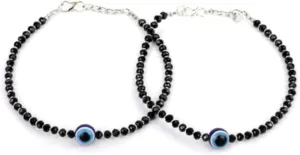 Evil Eye Bracelet/Anklets Layered Amulet Nazar for Women - Minimalist Jewelry - Silver & Black Glass Beads - Evil Eye Anklet Bracelet for Women Handmade Ankle Bracelets for Men