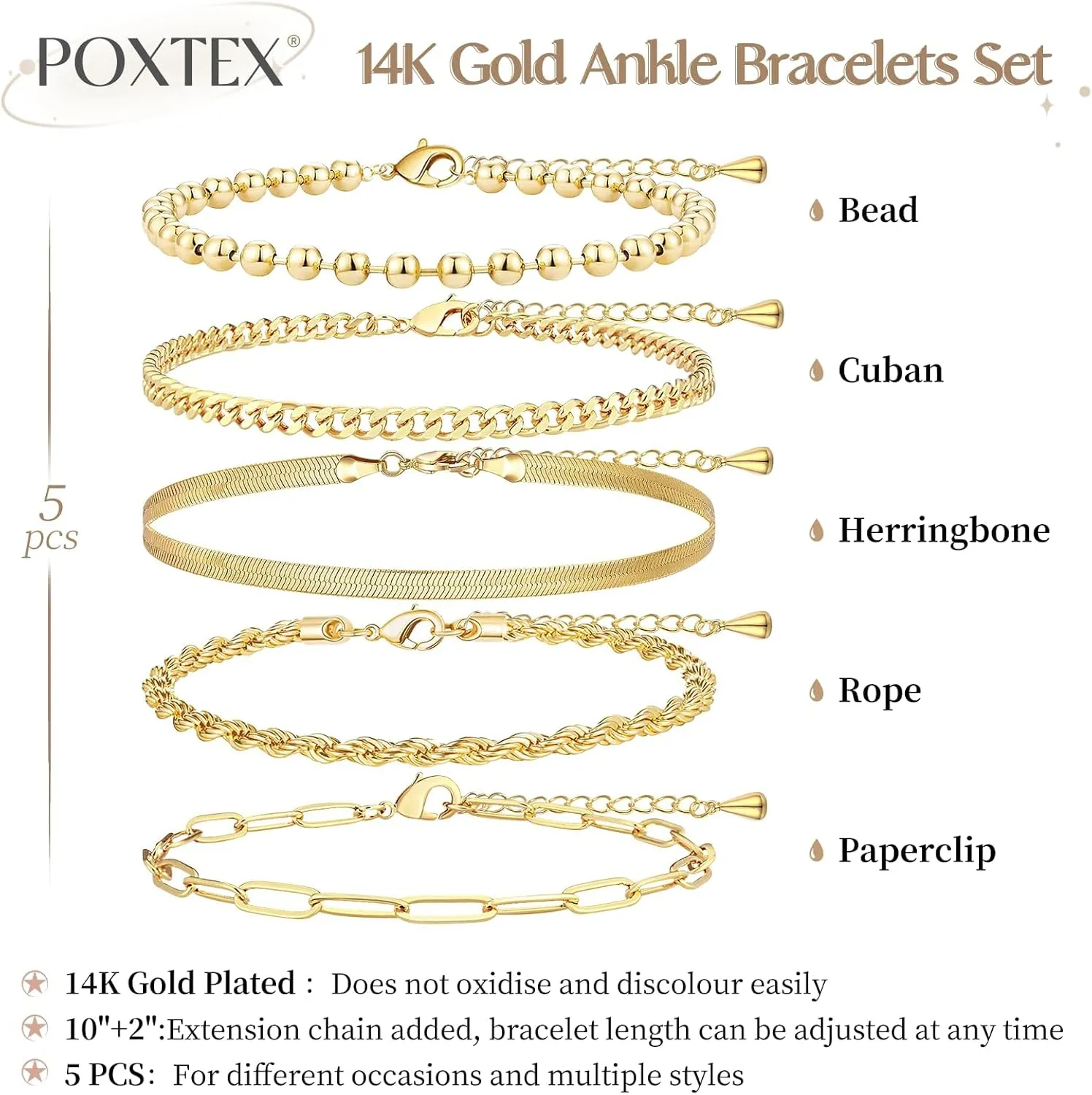 Extra Large Anklets for Women Large Ankle, 14K Real Gold Dainty Anklets for Women Waterproof, 10" 2" Adjustable Large Ankle Bracelets for Women Plus Size, Ankle Bracelets for Women Trendy