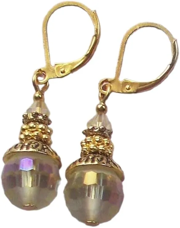 Faceted Half Coat Frosted Drops Hand Pale Chiffon Gold Plated Artisan Earrings Jewelry Handmade Dangle Leverback Vintage Crafted For Women