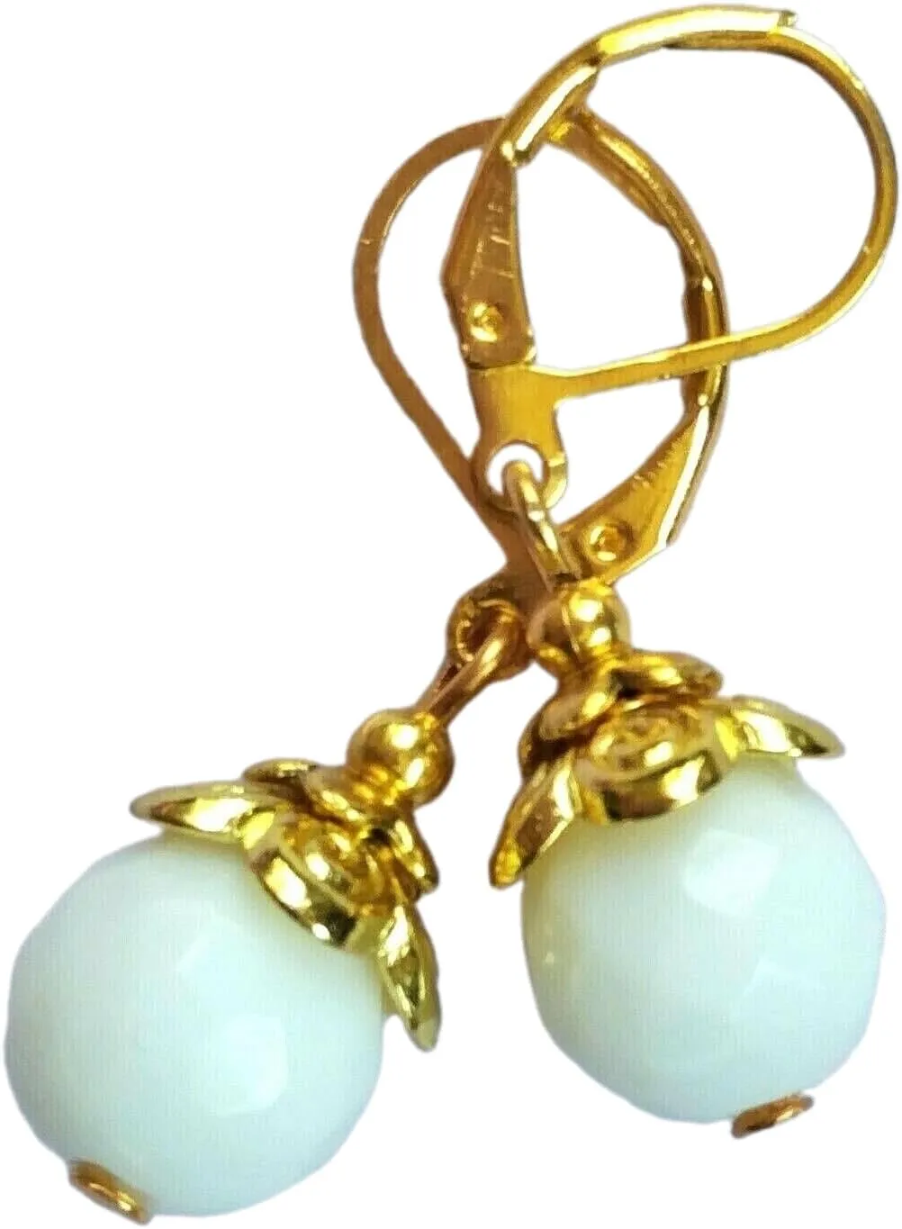 Faceted Jade Round Drops Gold Plated Hand White Artisan Earrings Jewelry Handmade Dangle Leverback Vintage Crafted For Women