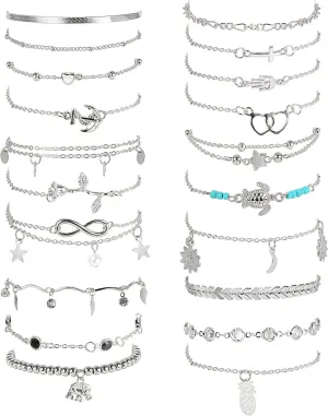 FASACCO 20Pcs Ankle Bracelets for Women Adjustable Beach Anklet Set Surfer Anklet Heart Star Turtle Infinite Anklets Foot Jewelry