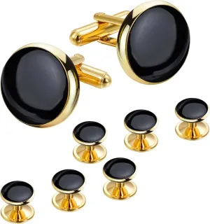 FASHIONS Round Cufflinks and Studs Formal Shirt Wedding Cuff Links set for Men (Gold Black Cuff Links Studs)