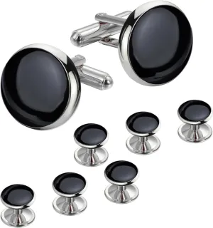 FASHIONS Tuxedo Cufflinks and Studs Formal Shirt Wedding Cuff Links set for Men (Silver Black Cuff Links Studs)
