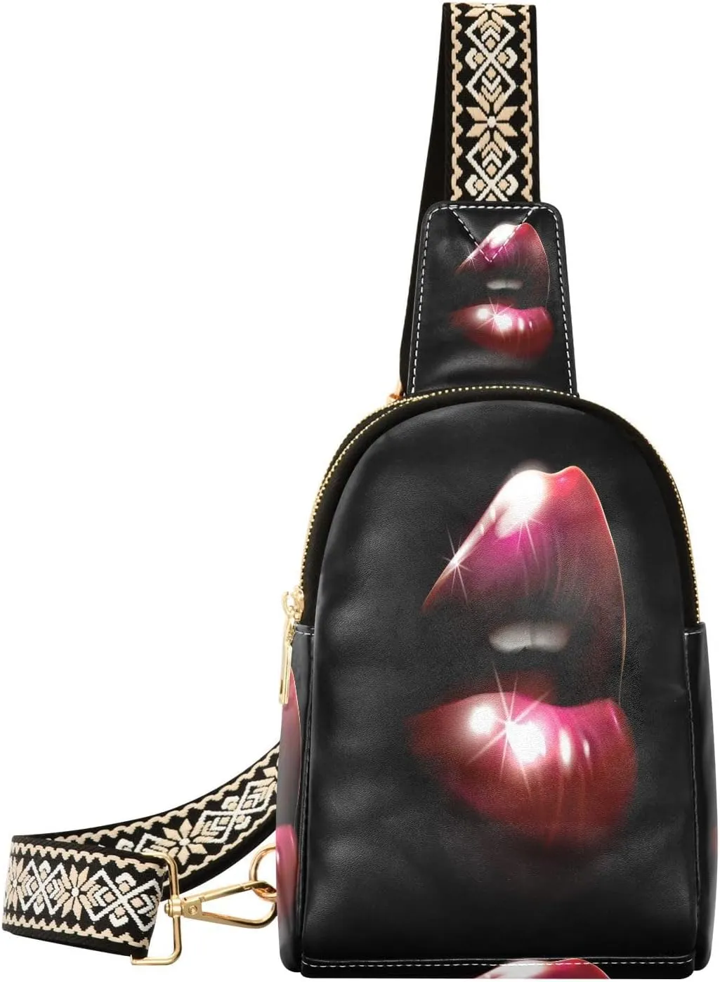 Female Lips Bling Fanny Pack Crossbody PC Leather Small Sling Bag for Women Kiss Mouth Fashion Waist Packs Chest Bag for Travel Sports Running Hiking