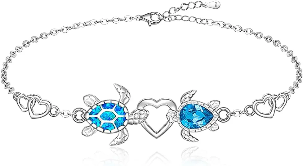 Fenthring Blue Opal Sea Turtle Bracelet for Women Sea Turtle Bracelet Sterling Silver Summer Beach Ocean Turtles Gifts Mother Daughter