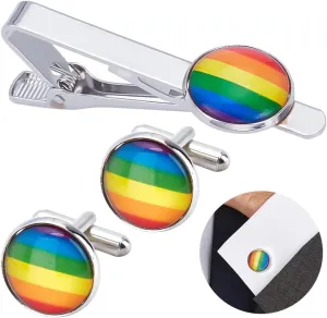 FINGERINSPIRE 1 Pair Rainbow Cufflinks And 1PC Rainbow Tie Clip Rainbow Round Pair Cufflinks Colourful Stripes Flat Round Cufflinks Alloy Round LGBT Rainbow Tie Clip for Business Meetings Weddings