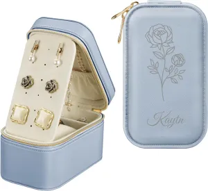 Fintie Personalized Travel Jewelry Box with Name & Birth Flower Month - Custom PU Leather Jewelry Organizer Storage Case for Rings Earrings Necklaces Watch, Gift for Women Girls (Ash Blue)