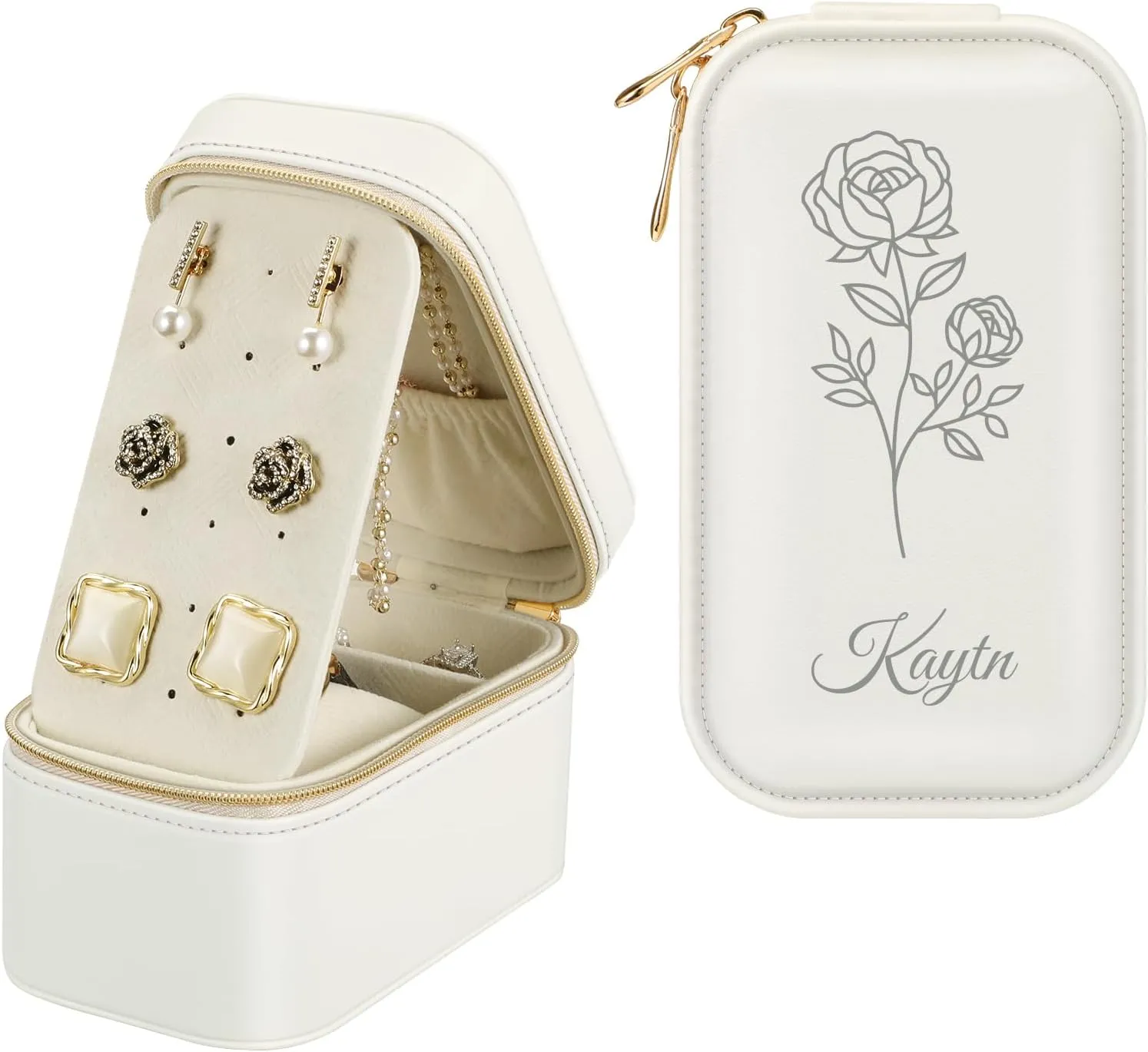 Fintie Personalized Travel Jewelry Box with Name & Birth Flower Month - Custom PU Leather Jewelry Organizer Storage Case for Rings Earrings Necklaces Watch, Gift for Women Girls (Pearl White)