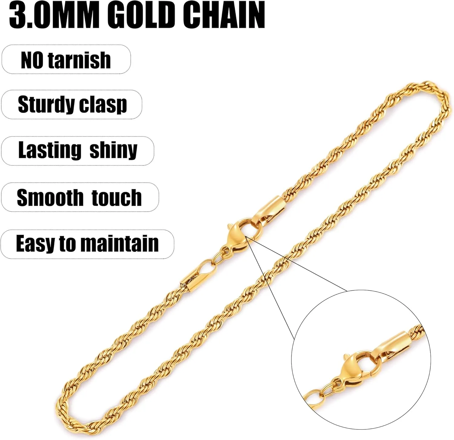 Fiusem Gold Anklet for Women, 2.5/3mm 18K Gold Plated Stainless Steel Braided Rope Anklet, Women's Anklets 9"/10"/11"