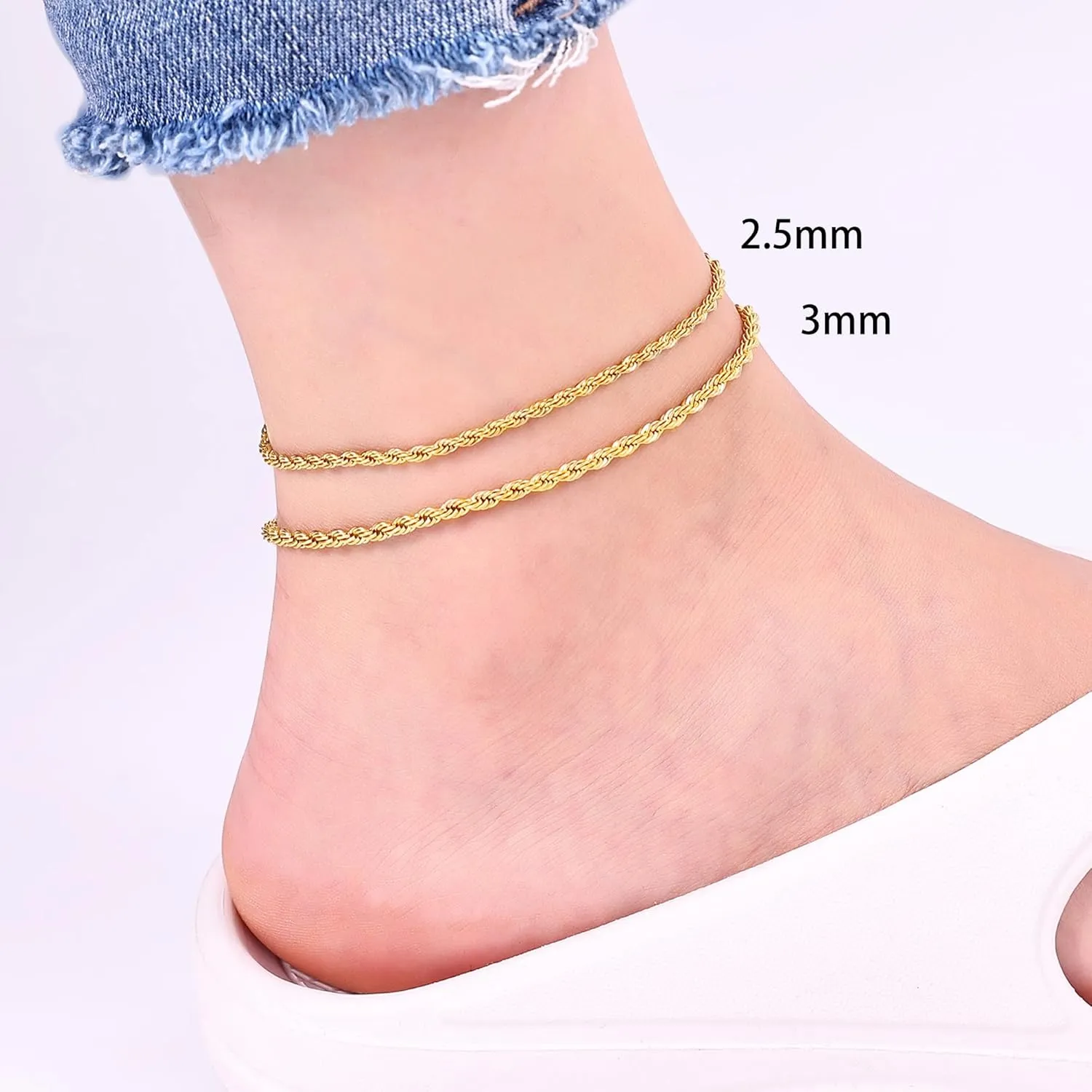 Fiusem Gold Anklet for Women, 2.5/3mm 18K Gold Plated Stainless Steel Braided Rope Anklet, Women's Anklets 9"/10"/11"