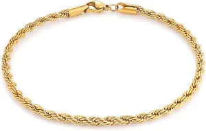 Fiusem Gold Anklet for Women, 2.5/3mm 18K Gold Plated Stainless Steel Braided Rope Anklet, Women's Anklets 9"/10"/11"
