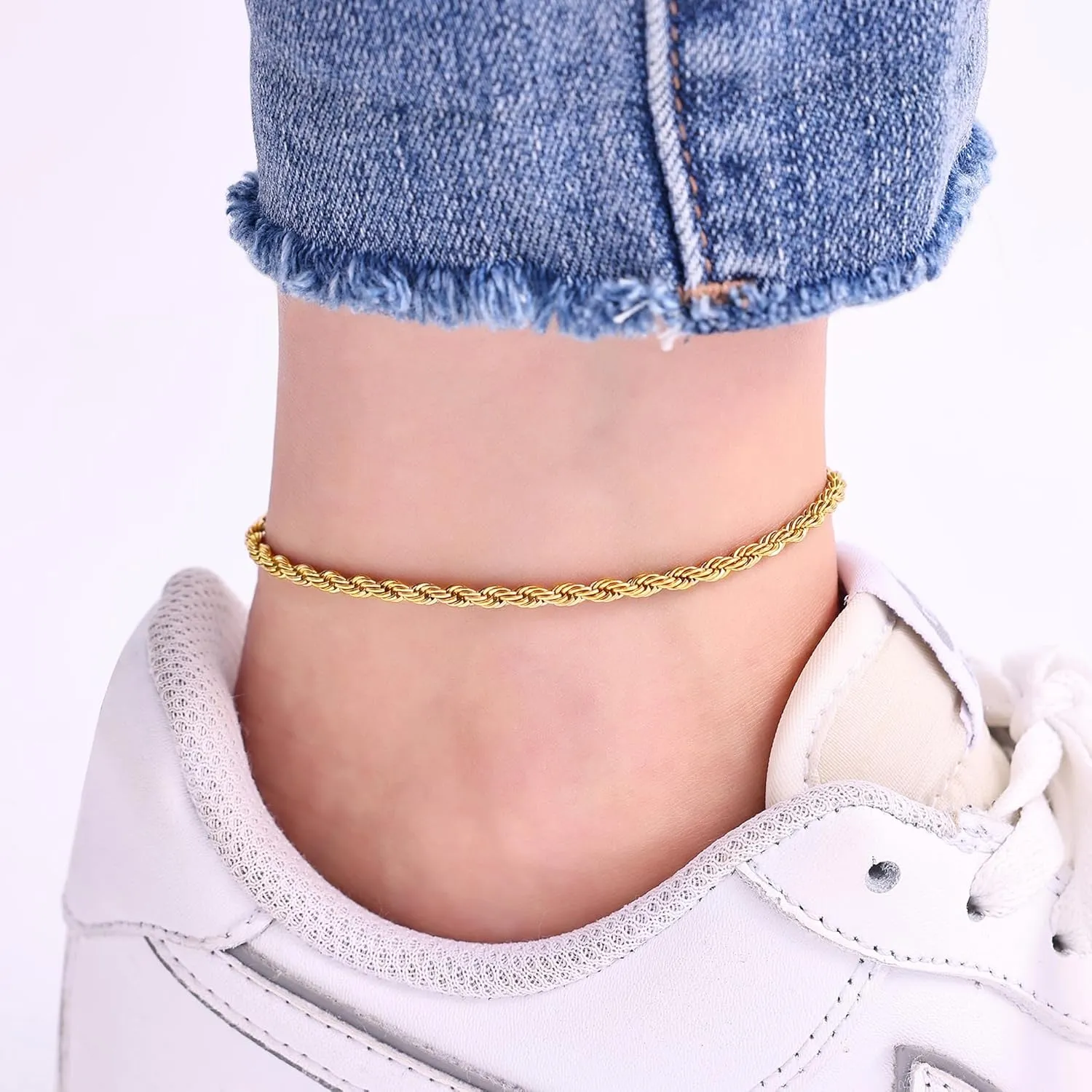 Fiusem Gold Anklet for Women, 2.5/3mm 18K Gold Plated Stainless Steel Braided Rope Anklet, Women's Anklets 9"/10"/11"