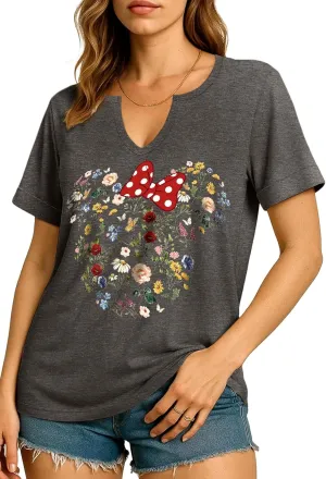 Flafens V Neck T-Shirts for Women - Graphic Short Sleeve Tees Tops Fashion Trendy Soft Casual Summer Outfits Clothes