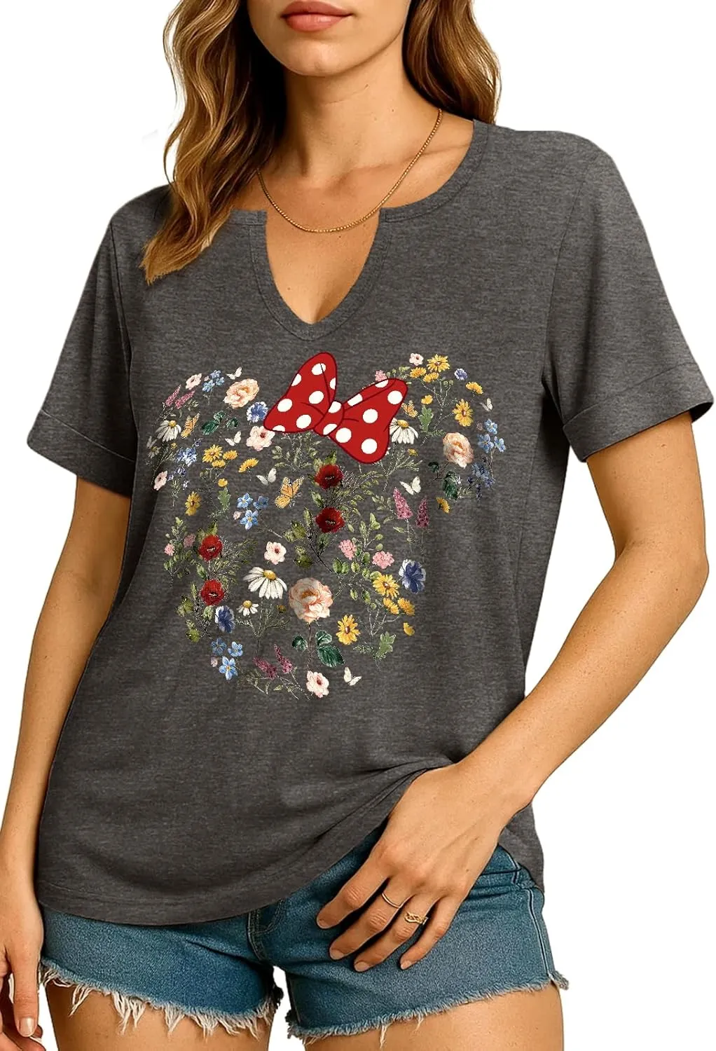 Flafens V Neck T-Shirts for Women - Graphic Short Sleeve Tees Tops Fashion Trendy Soft Casual Summer Outfits Clothes
