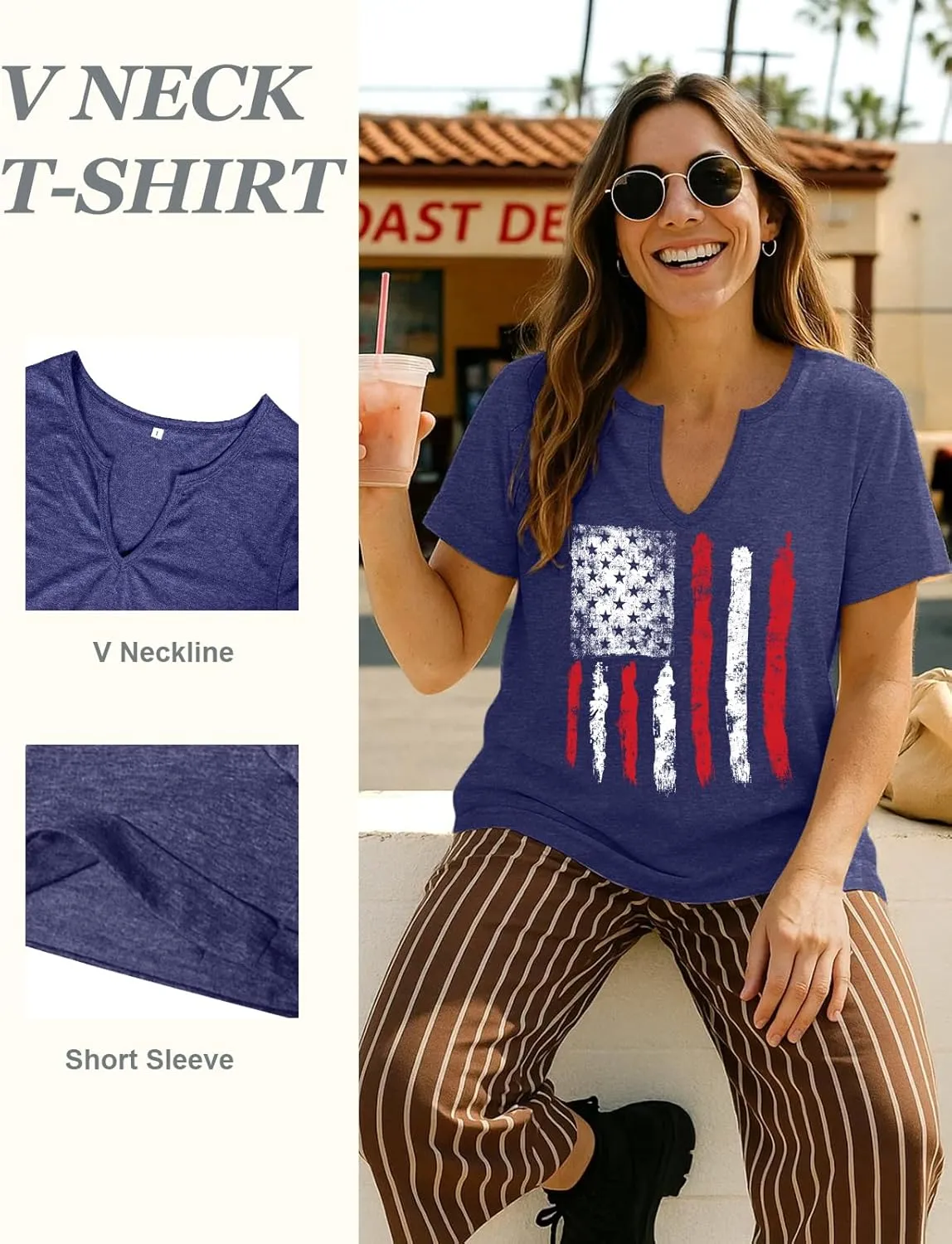 Flafens V Neck T-Shirts for Women - Graphic Short Sleeve Tees Tops Fashion Trendy Soft Casual Summer Outfits Clothes