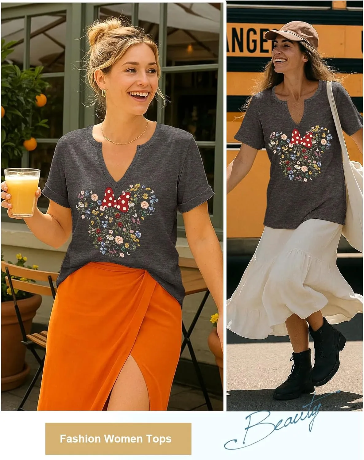 Flafens V Neck T-Shirts for Women - Graphic Short Sleeve Tees Tops Fashion Trendy Soft Casual Summer Outfits Clothes
