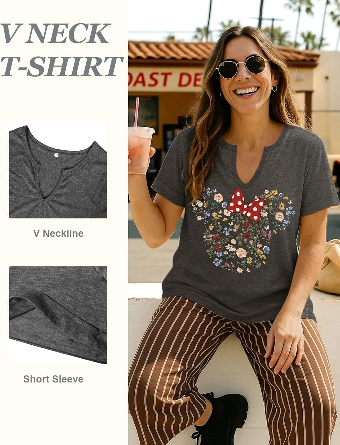Flafens V Neck T-Shirts for Women - Graphic Short Sleeve Tees Tops Fashion Trendy Soft Casual Summer Outfits Clothes