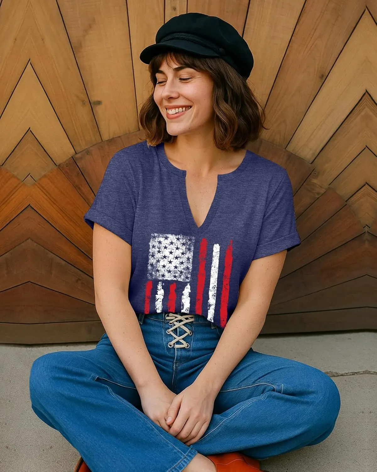 Flafens V Neck T-Shirts for Women - Graphic Short Sleeve Tees Tops Fashion Trendy Soft Casual Summer Outfits Clothes