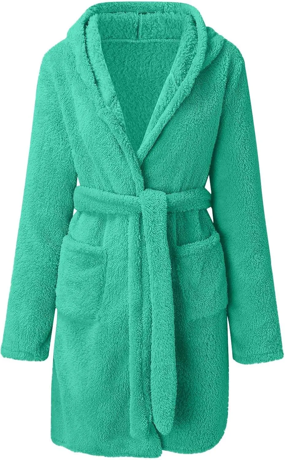 Fleece Womens Bathrobe Plush Warm Robe Ladies Hooded NightwearBelt Nightgown Knee Length Sleepwear Soft Pajamas