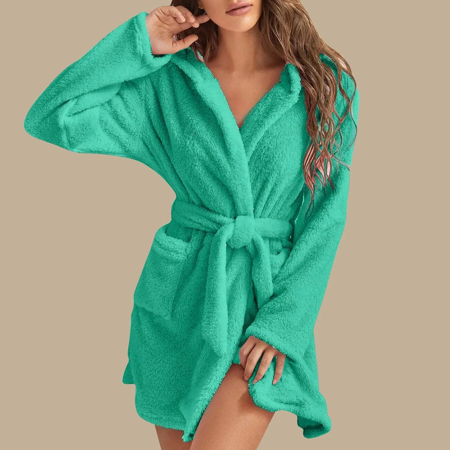 Fleece Womens Bathrobe Plush Warm Robe Ladies Hooded NightwearBelt Nightgown Knee Length Sleepwear Soft Pajamas