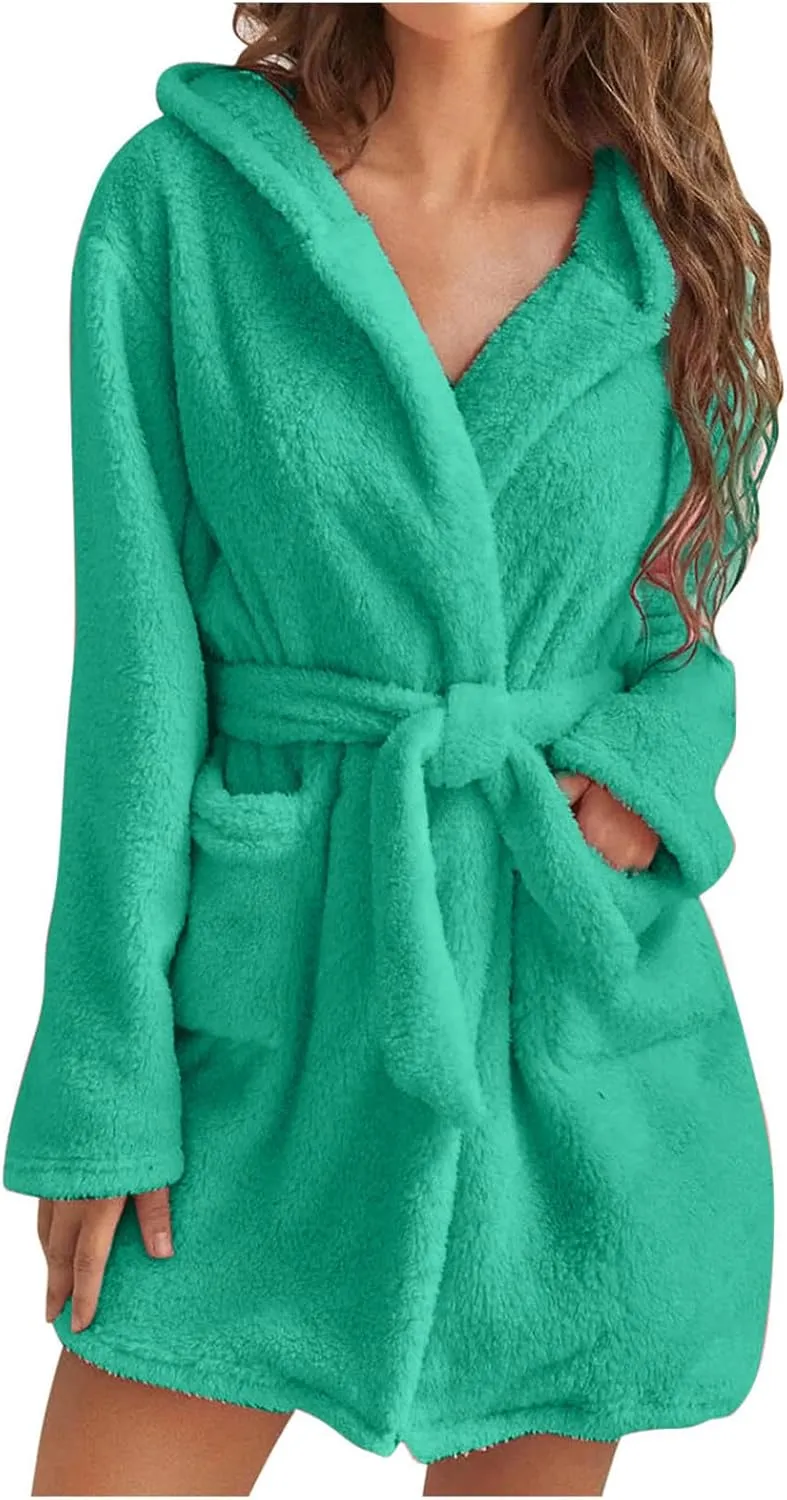 Fleece Womens Bathrobe Plush Warm Robe Ladies Hooded NightwearBelt Nightgown Knee Length Sleepwear Soft Pajamas