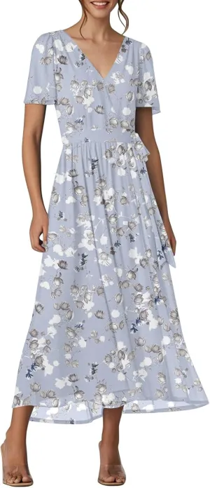 Floral Maxi Dresses for Women 2025 Vacation Casual Short Sleeve V Neck Long Flowy Dress Modest A Line Wrap Dress