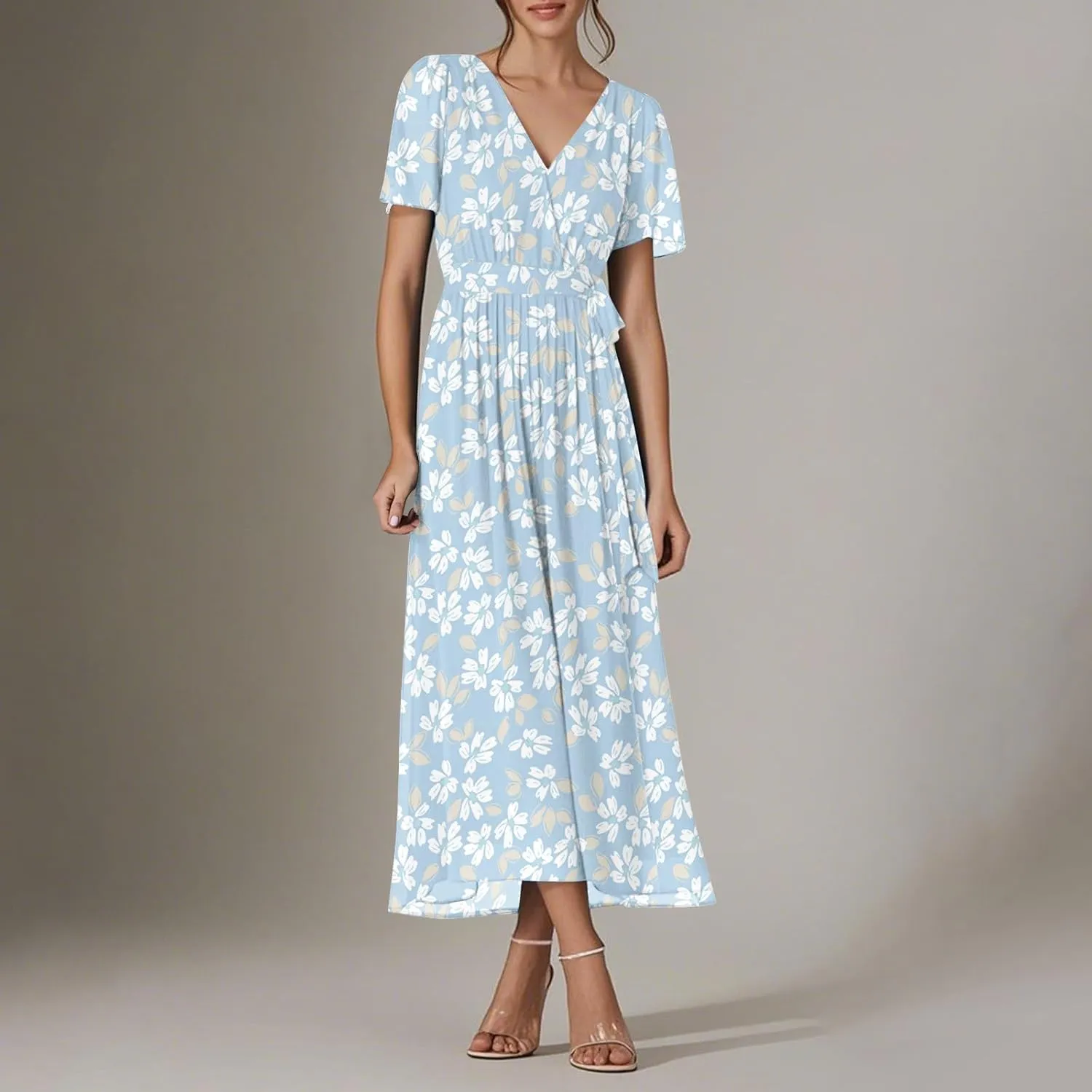 Floral Maxi Dresses for Women 2025 Vacation Casual Short Sleeve V Neck Long Flowy Dress Modest A Line Wrap Dress