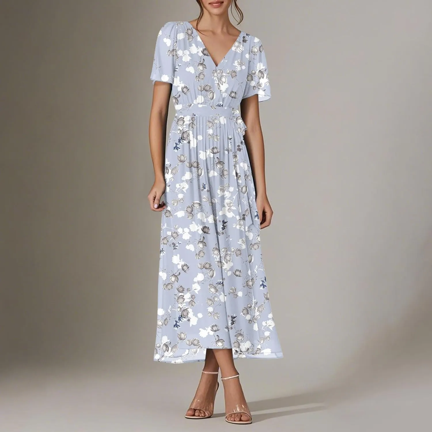 Floral Maxi Dresses for Women 2025 Vacation Casual Short Sleeve V Neck Long Flowy Dress Modest A Line Wrap Dress