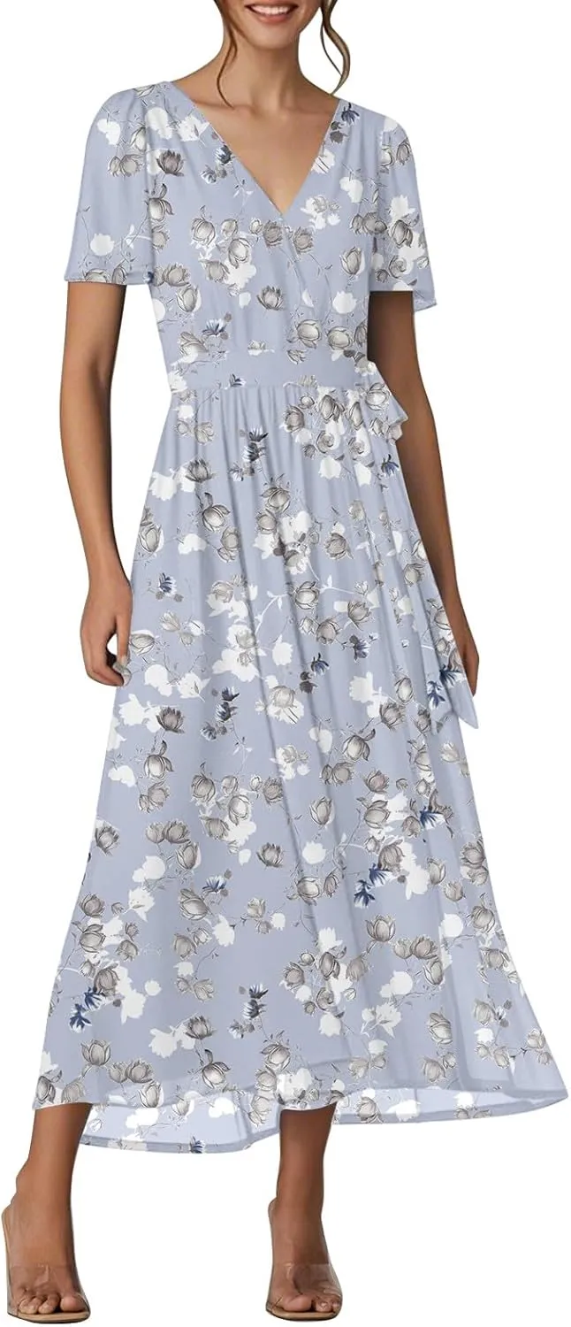 Floral Maxi Dresses for Women 2025 Vacation Casual Short Sleeve V Neck Long Flowy Dress Modest A Line Wrap Dress