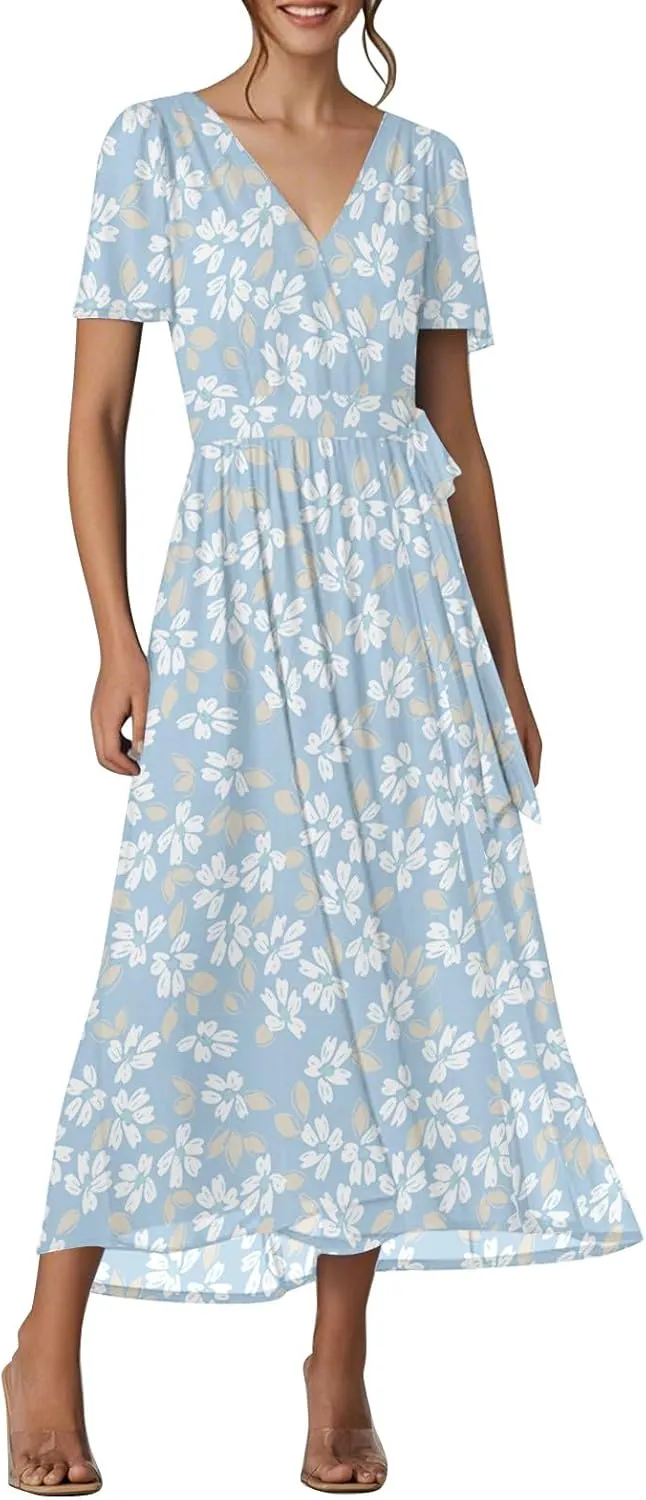Floral Maxi Dresses for Women 2025 Vacation Casual Short Sleeve V Neck Long Flowy Dress Modest A Line Wrap Dress