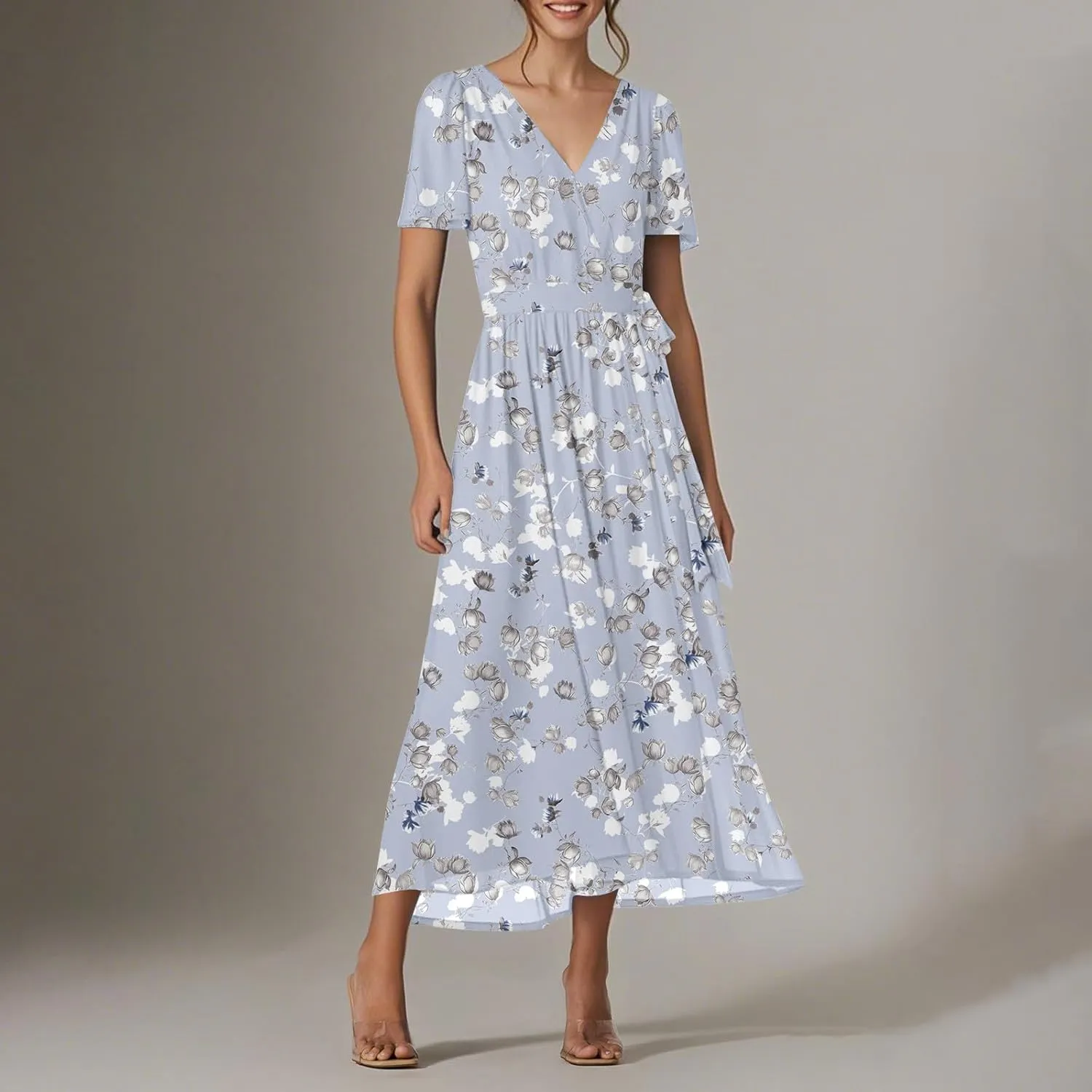 Floral Maxi Dresses for Women 2025 Vacation Casual Short Sleeve V Neck Long Flowy Dress Modest A Line Wrap Dress