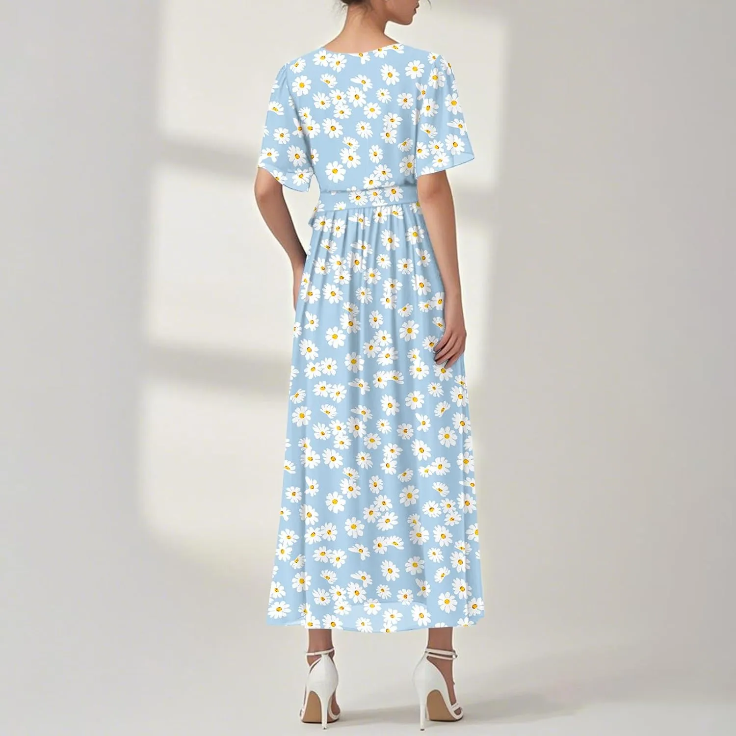 Floral Maxi Dresses for Women 2025 Vacation Casual Short Sleeve V Neck Long Flowy Dress Modest A Line Wrap Dress