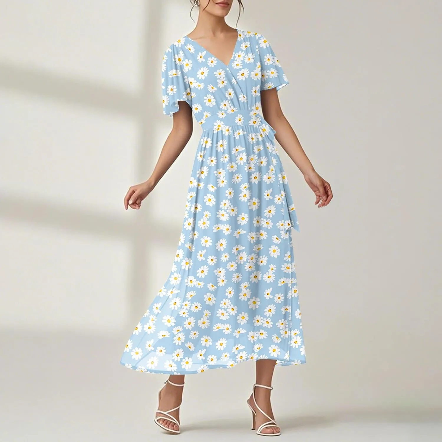 Floral Maxi Dresses for Women 2025 Vacation Casual Short Sleeve V Neck Long Flowy Dress Modest A Line Wrap Dress
