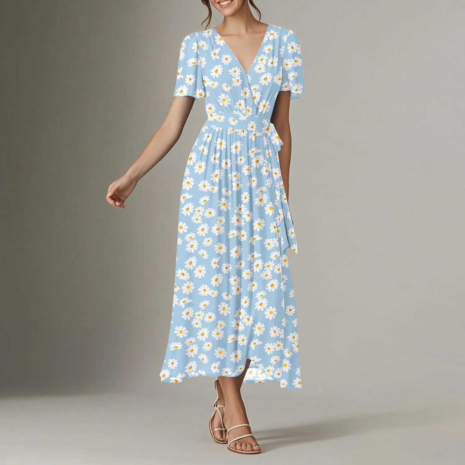 Floral Maxi Dresses for Women 2025 Vacation Casual Short Sleeve V Neck Long Flowy Dress Modest A Line Wrap Dress