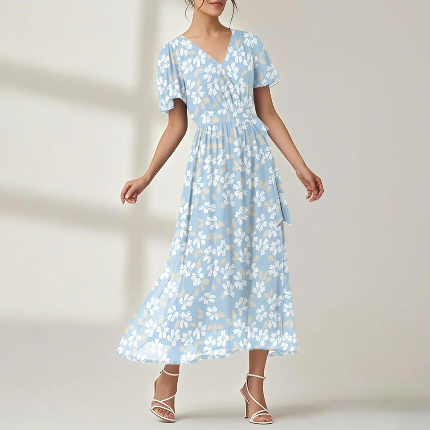 Floral Maxi Dresses for Women 2025 Vacation Casual Short Sleeve V Neck Long Flowy Dress Modest A Line Wrap Dress