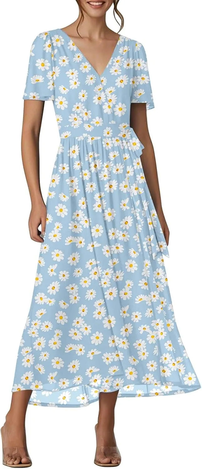 Floral Maxi Dresses for Women 2025 Vacation Casual Short Sleeve V Neck Long Flowy Dress Modest A Line Wrap Dress