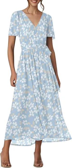 Floral Maxi Dresses for Women 2025 Vacation Casual Short Sleeve V Neck Long Flowy Dress Modest A Line Wrap Dress